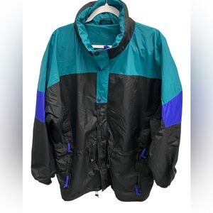 90s Vintage St John’s Bay Windbreaker Rain Coat  XXL Turquoise/ Blue/ Black